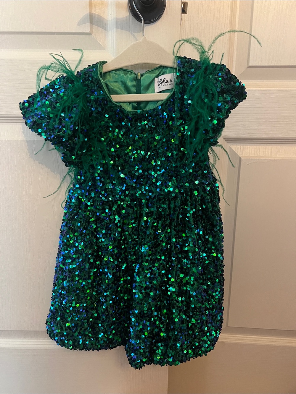 Lola + The Boys Emerald Green Sequin Party Dress with Feather Accents